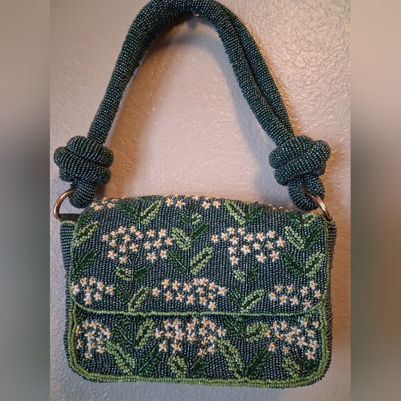Anthropologie Handbags - Anthropologie Green Floral Beaded Shoulder Bag